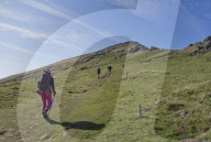 Christian pilgrims at Camino de Santiago (St. James' Way) route in France on the way to Spain, Europe