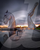 The Kelpies at sunset, Forth and Clyde Canal at Helix Park, Falkirk, Stirlingshire, Scotland, United Kingdom