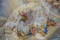 Rococo style paintings on the ceiling from the Unesco world heritage sight the Pilgrimage Church of Wies, Steingaden, Bavaria, Germany
