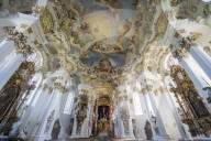 Rococo style paintings on the ceiling from the Unesco world heritage sight the Pilgrimage Church of Wies, Steingaden, Bavaria, Germany