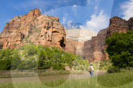 Angels landing and the Virgin river from in Zion Canyon