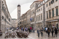 Stradun (main street) in Dubrovnik's old town and the Franciscan Church and Monastery