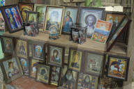 Icons for sale outside the Bodbe Christian Orthodox monastery near Signagi,Georgia