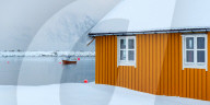 Rorbuer hut and fisherman's boat, Lofoten islands, Nordland, Norway, Europe