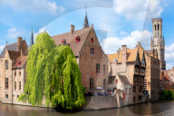 Medieval City Centre, UNESCO World Heritage Site, framed by Rozenhoedkaai canal, Bruges, West Flanders, Belgium, Europe