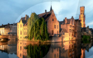 Medieval City Centre, UNESCO World Heritage Site, framed by Rozenhoedkaai canal at night, Bruges, West Flanders, Belgium, Europe