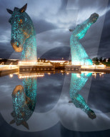 The Kelpies at blue hour, Forth and Clyde Canal at Helix Park, Falkirk, Stirlingshire, Scotland, United Kingdom