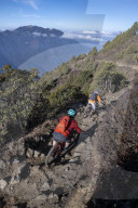 Mountain bikes speed past in a blur along a Enduro style single track trail in the Nepal Himalayas near the Langtang region