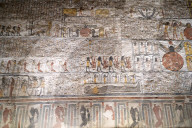 Colorful Hieroglyphics and mural paintings in an Egyptian Pharaoh tomb in Ramses burial chamber in the vallery of the Kings