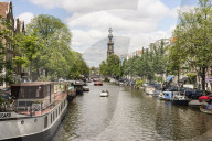 Prinsengracht canal looking towards Westerkerk church, Amsterdam, Netherlands