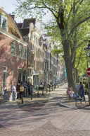 Old gabled buildings by a canal, Amsterdam, Netherlands