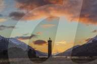 Sunset over Loch Shiel and the Glenfinnan Monument, Highland region, Scotland.