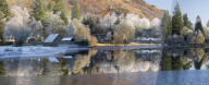 Loch Ard partially frozen over and a hoar frost around Aberfoyle in the Trossachs and Lomond National park in mid-winter.