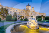 Kunsthistorisches Museum (Art History) and fountain at dusk, Vienna, Austria, Europe.