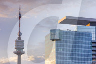 Danube Tower and Saturn Tower at sunset, Vienna, Austria, Europe.