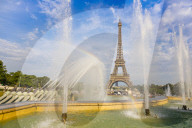 Eiffel Tower and Trocadero fountains & water canons, Paris, France, Europe.