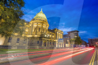 Mitchell Library with traffic trail lights at dusk, Glasgow, Scotland, United Kingdom, Europe.