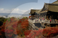 Kiyomizudera temple terrace overlooking Kyoto city, Japan