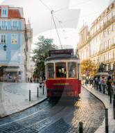 Traditional tram at Chiado neighbourhood in Lisbon, Portugal