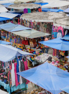 Saturday Handicraft Market, Plaza de los Ponchos, elevated view, Otavalo, Imbabura Province, Ecuador