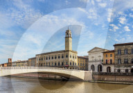 Palazzo Pretorio and Ponte Di Mezzo over Arno River, Pisa, Tuscany, Italy