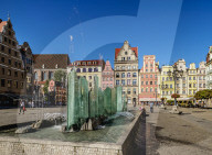 Fountain and Tenement Houses at Old Town Market Square, Wroclaw, Lower Silesian Voivodeship, Poland
