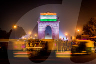 December 2018, India Gate at night with India flag projected on it, New Delhi, India