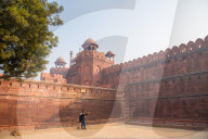 January 2019, A couple take a selfie while a dog sunbathes at The Red Fort, New Delhi, India