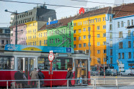 Trams on Wiedner GÅ¸rtel near Hauptbahnhof, Vienna, Austria.