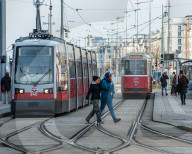 Trams on Wiedner GÅ¸rtel near Hauptbahnhof, Vienna, Austria.