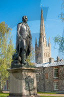 Statue of Wellington and the Spire of Norwich Cathedral, Norwich, Norfolk, East Anglia, England, UK.