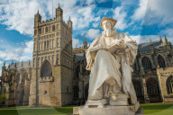 Exeter Cathedral with statue of Richard Hooker. Devon. England. UK.