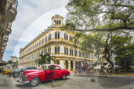 Vintage taxi car parked next to Escuela National de Ballet in La Habana, Havana, Cuba, West Indies, Caribbean, Central America