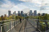 View of Bow River Pathway and Downtown from Sunnyside Bank Park, Calgary, Alberta, Canada, North America