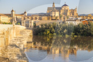 The mosque-cathedral and the Roman bridge at first sunlight, Cordoba, Andalusia, Spain, Europe
