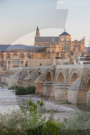The mosque-cathedral and the Roman bridge at first sunlight, Cordoba, Andalusia, Spain, Europe