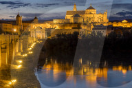 The illuminated mosque-cathedral and the Roman bridge at dusk, Cordoba, Andalusia, Spain, Europe