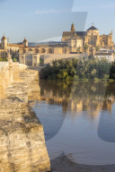 The mosque-cathedral and the Roman bridge at first sunlight, Cordoba, Andalusia, Spain, Europe