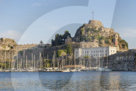 The old fortress of Corfu Town (Kerkyra) seen from Faliraki Beach, Corfu, Greece, Europe