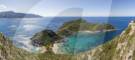Panoramic view from a lookout over the Porto Timoni Double Bay, Afionas, Corfu, Greece, Europe