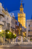 The Giralda Bell tower seen from San Francisco Square at dusk, Seville, Andalusia, Spain, Europe