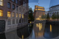 The Laeiszhof and the Patriotische Gesellschaft Kontorhaeuser at dusk, Hamburg, Germany, Europe