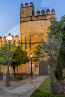 Illuminated walls of the Royal Alcazars at dusk, Cordoba, Andalusia, Spain, Europe