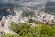 View from the Moorish Castle down to the historical centre of Sintra, Portugal, Europe