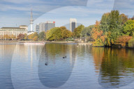 The Inner Alster (Binnenalster) with view to the Fernsehturm (Television tower) during autumn, Hamburg, Germany, Europe