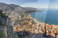 View from Rocca di Cefalu over the town and the beach, Cefalu, Sicily, Italy, Europe