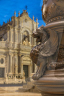 The illuminated cathedral during blue hour, Catania, Sicily, Italy, Europe