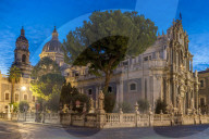 The illuminated cathedral during blue hour, Catania, Sicily, Italy, Europe