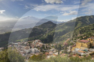View from Madonna della Rocca church over Taormina and to Mount Etna, Taormina, Sicily, Italy, Europe