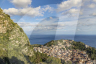 View from Madonna della Rocca church down to the city centre, Taormina, Sicily, Italy, Europe